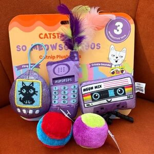NWT 5 Fun Cat Toys: 3-pack “So Meowsome 90’s” plus 2 velvety rattle balls